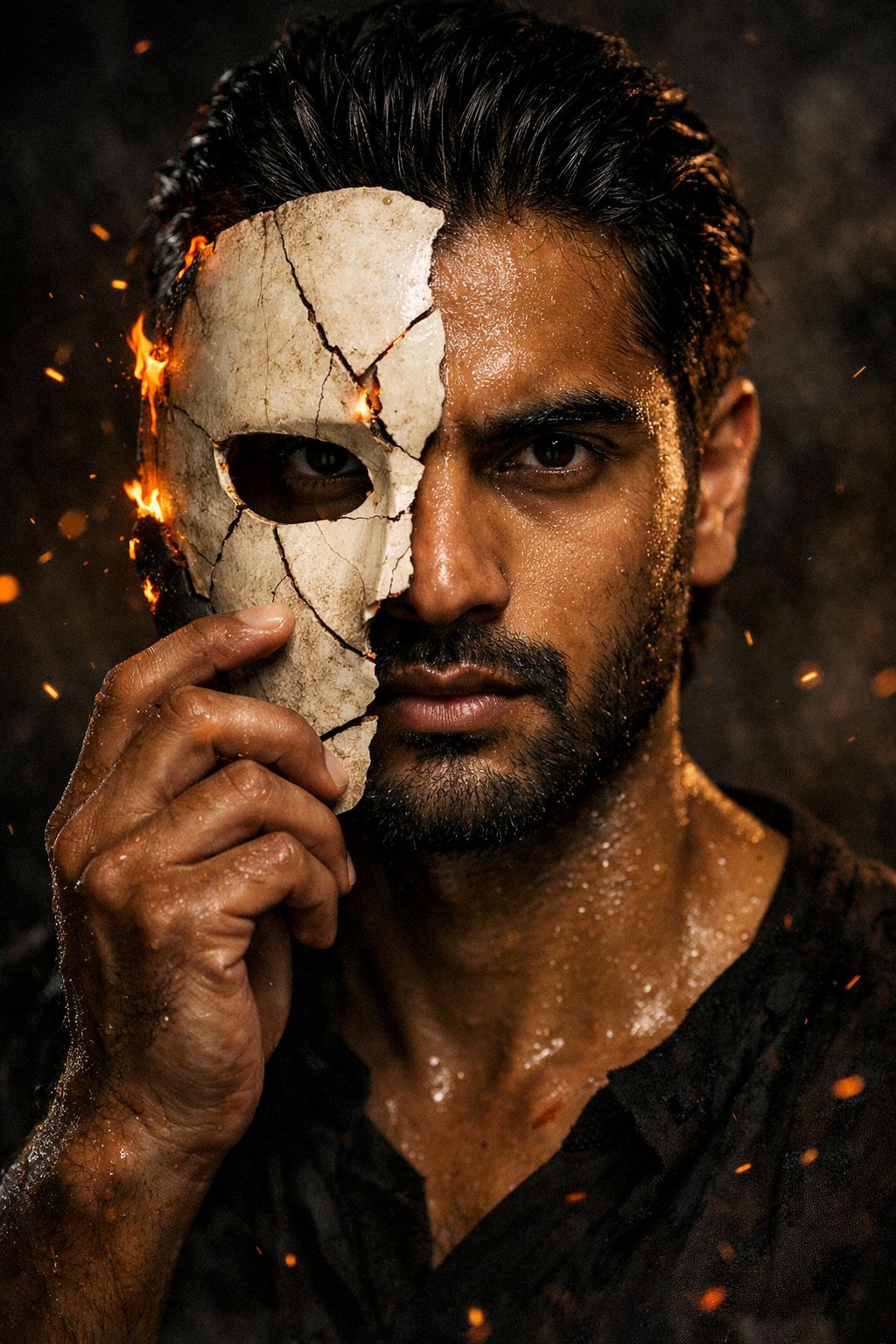 South Asian man holding a broken ivory mask