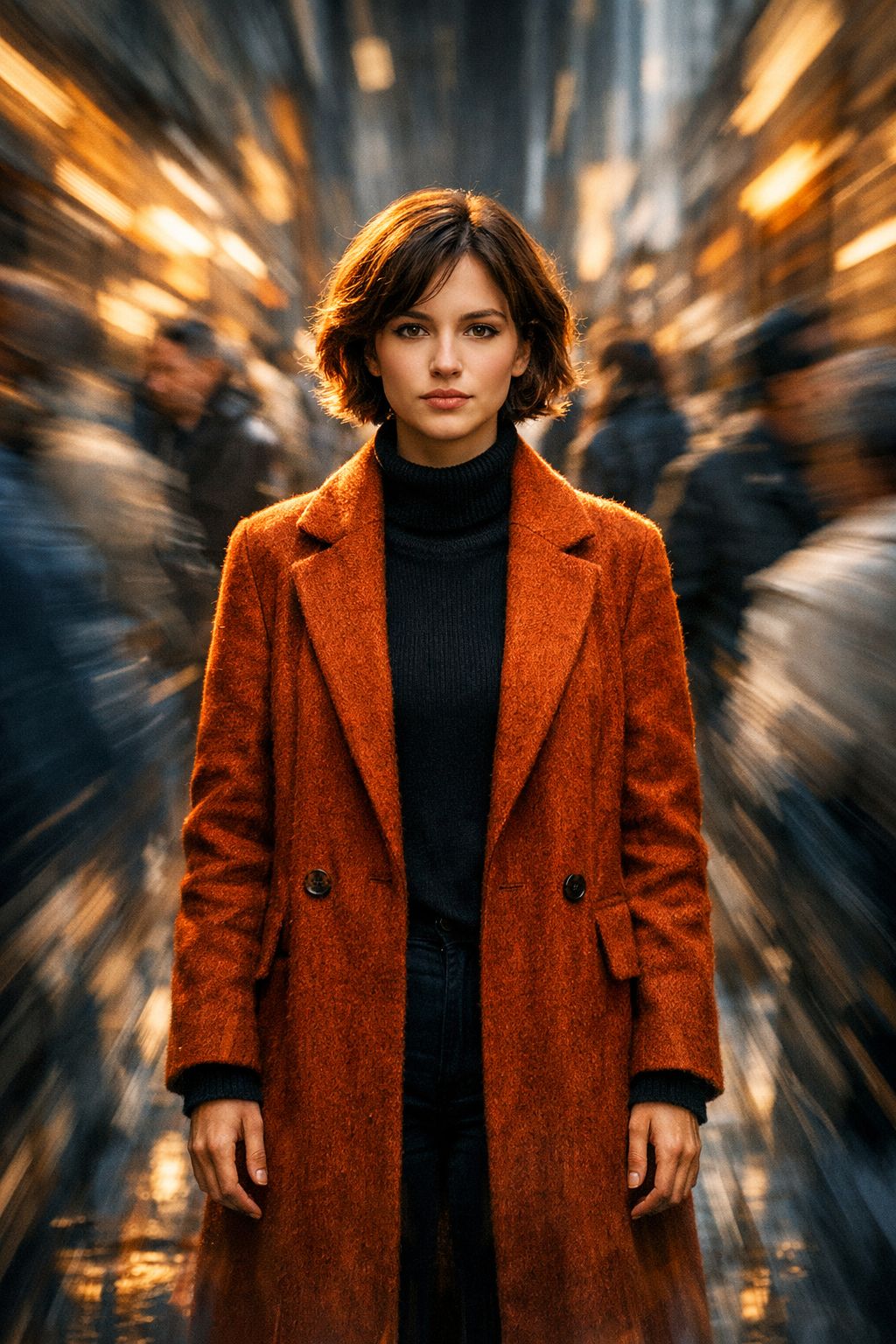 A stylish young woman with short wavy chestnut hair