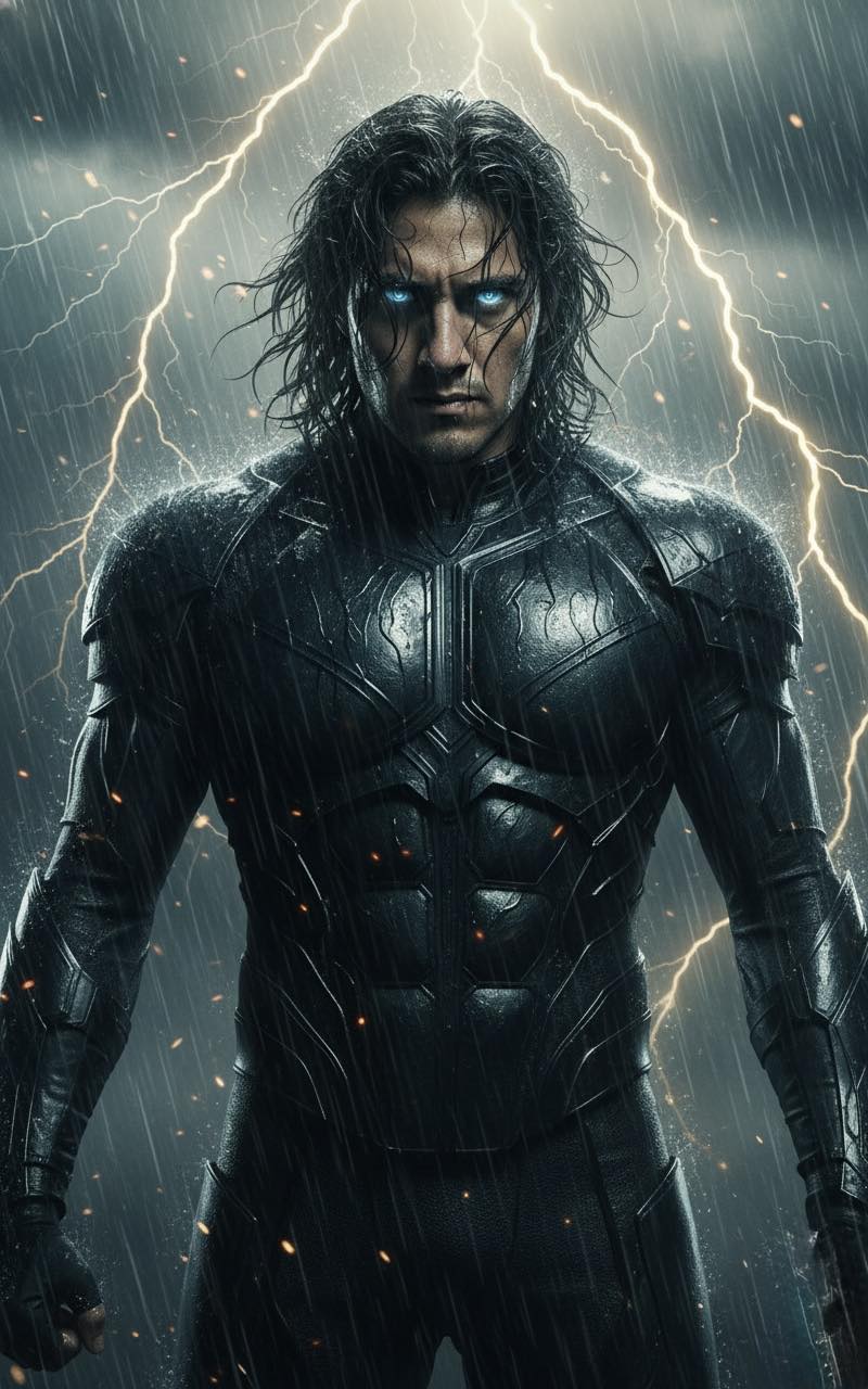 A dark, cinematic portrait of a storm-born