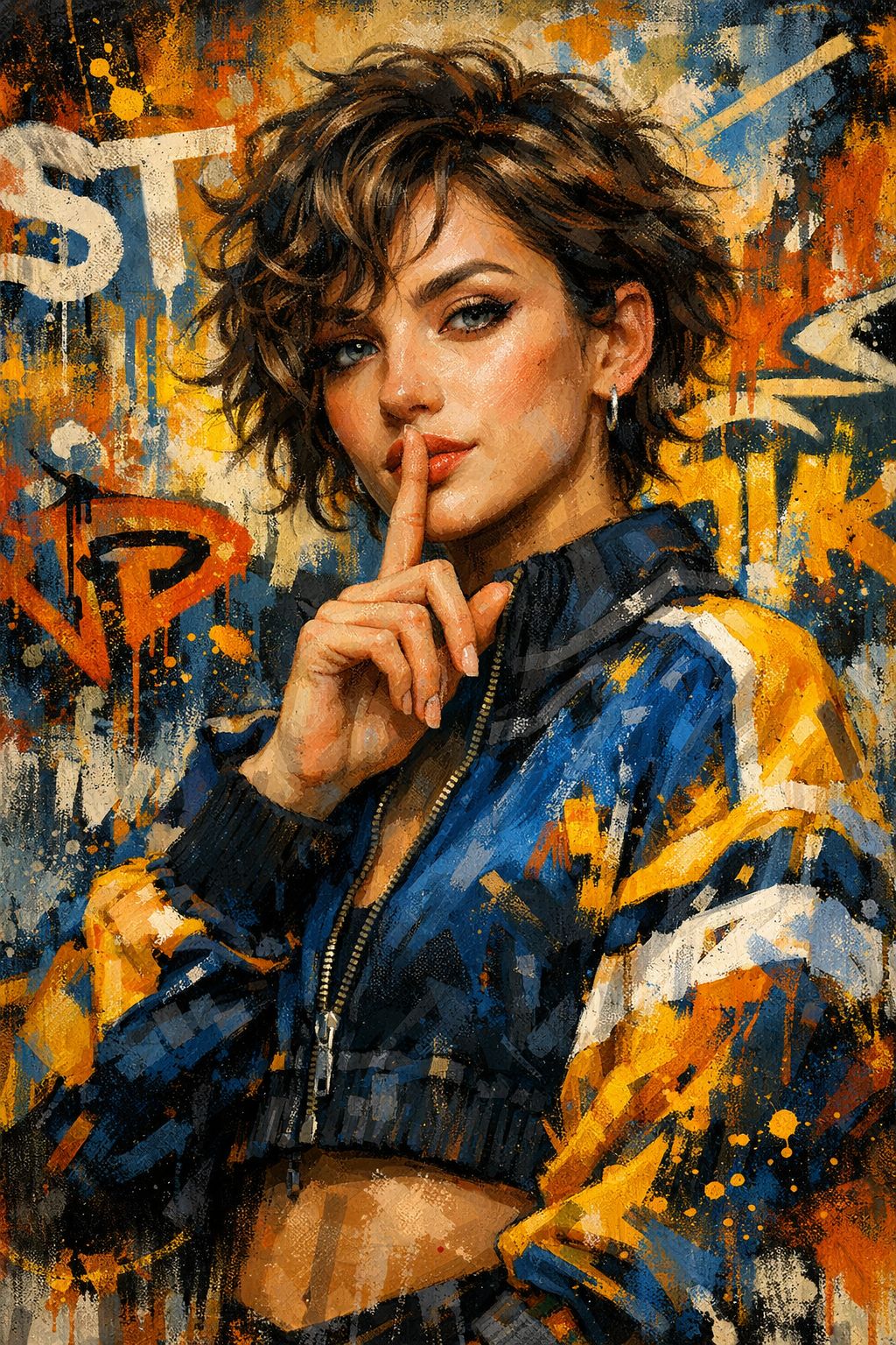 Layered typography elements, and artistic paint splatter details