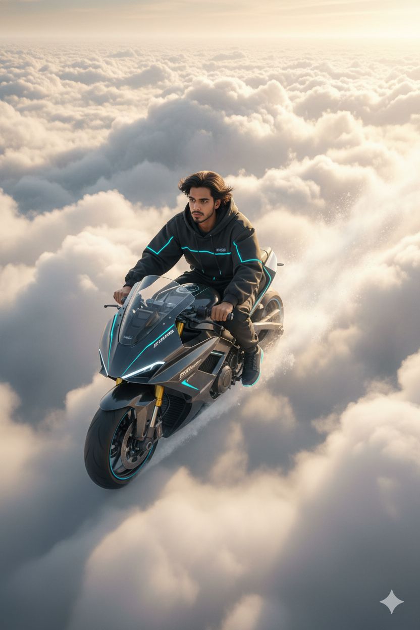 Riding a futuristic luxury motorcycle across an endless ocean