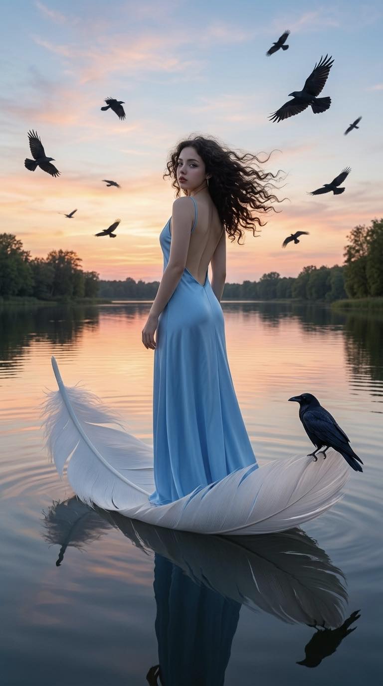 A raven perches peacefully on the feather