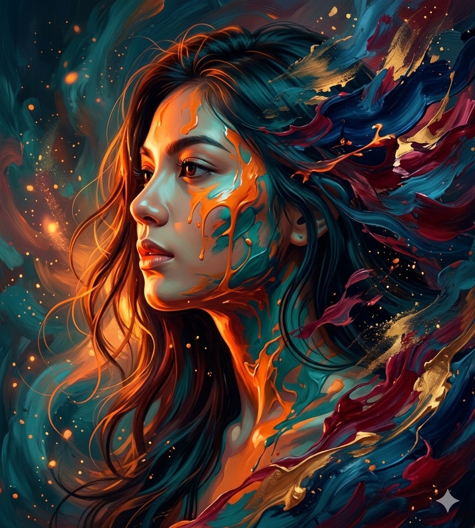 She is surrounded by a dense and colorful arrangement