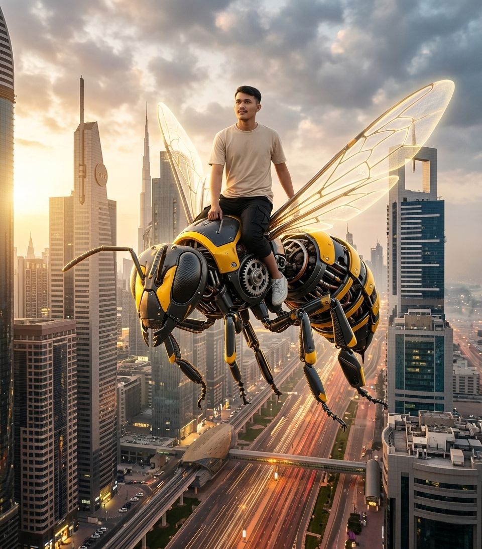 A giant futuristic robot bee over a modern metropolis at sunset