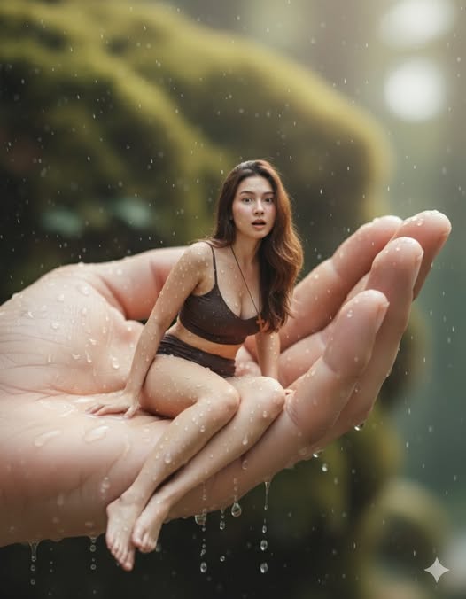 A giant human hand gently holds the character's body