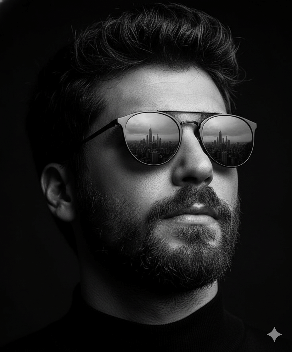 Reflective black-and-white portrait