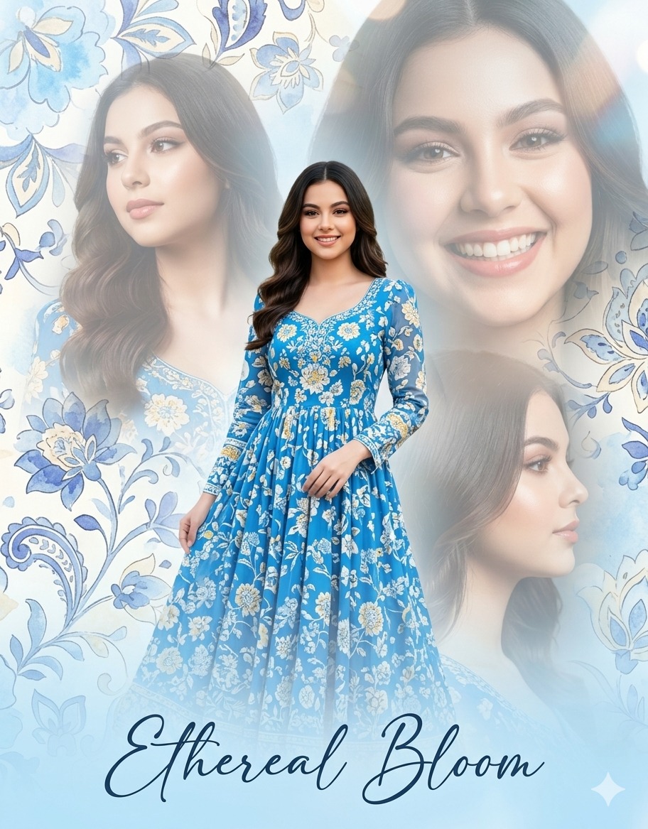 A beautiful multi-layered photo collage featuring the young Indian woman