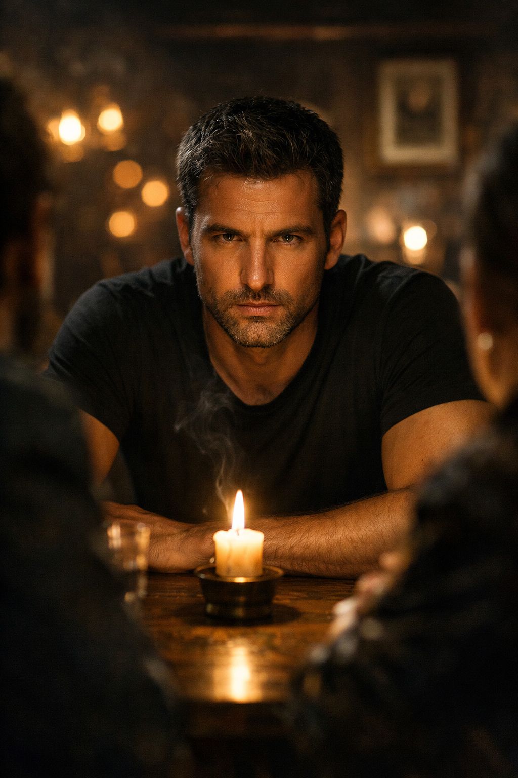 Dark atmospheric background with soft golden bokeh lights