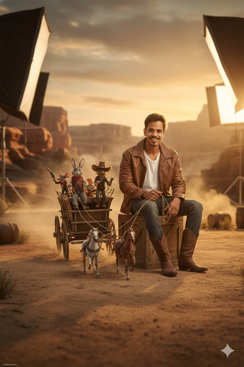 The man is sitting casually on the edge of a giant wooden