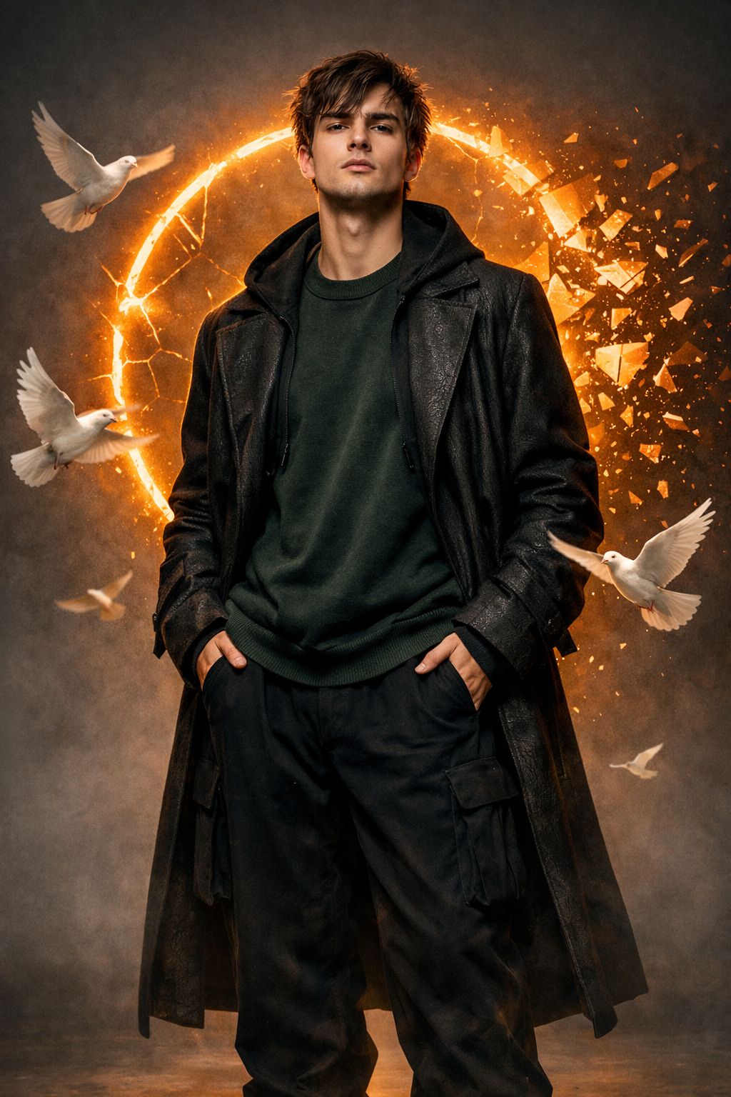 A glowing fractured amber circular design appears behind him