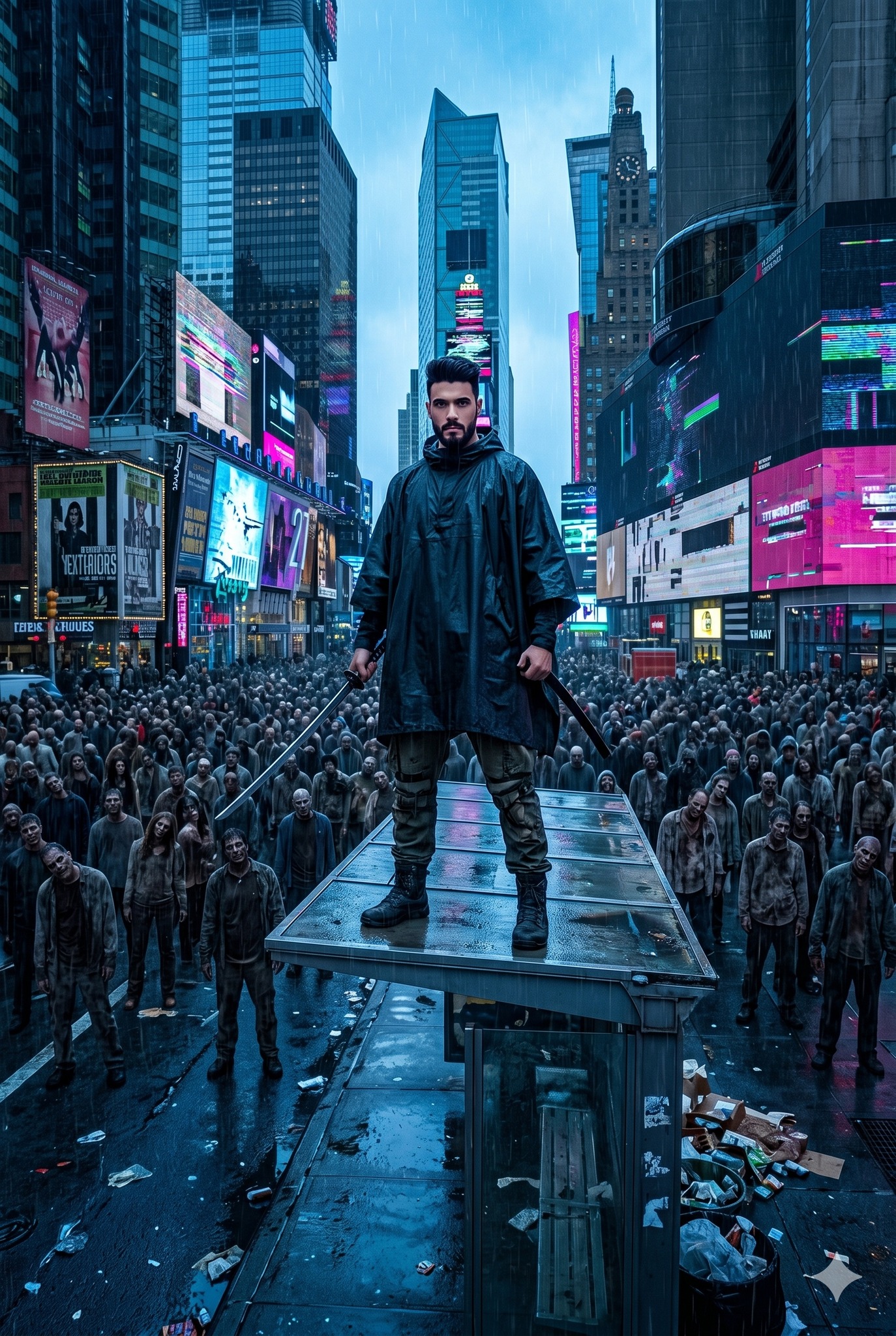 He is dressed in a futuristic Techwear poncho