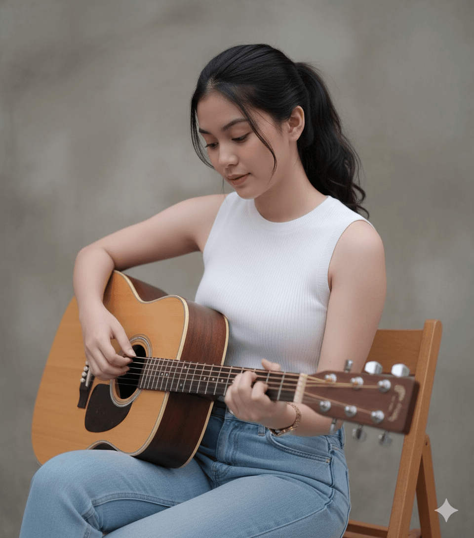 Woman plays acoustic guitar